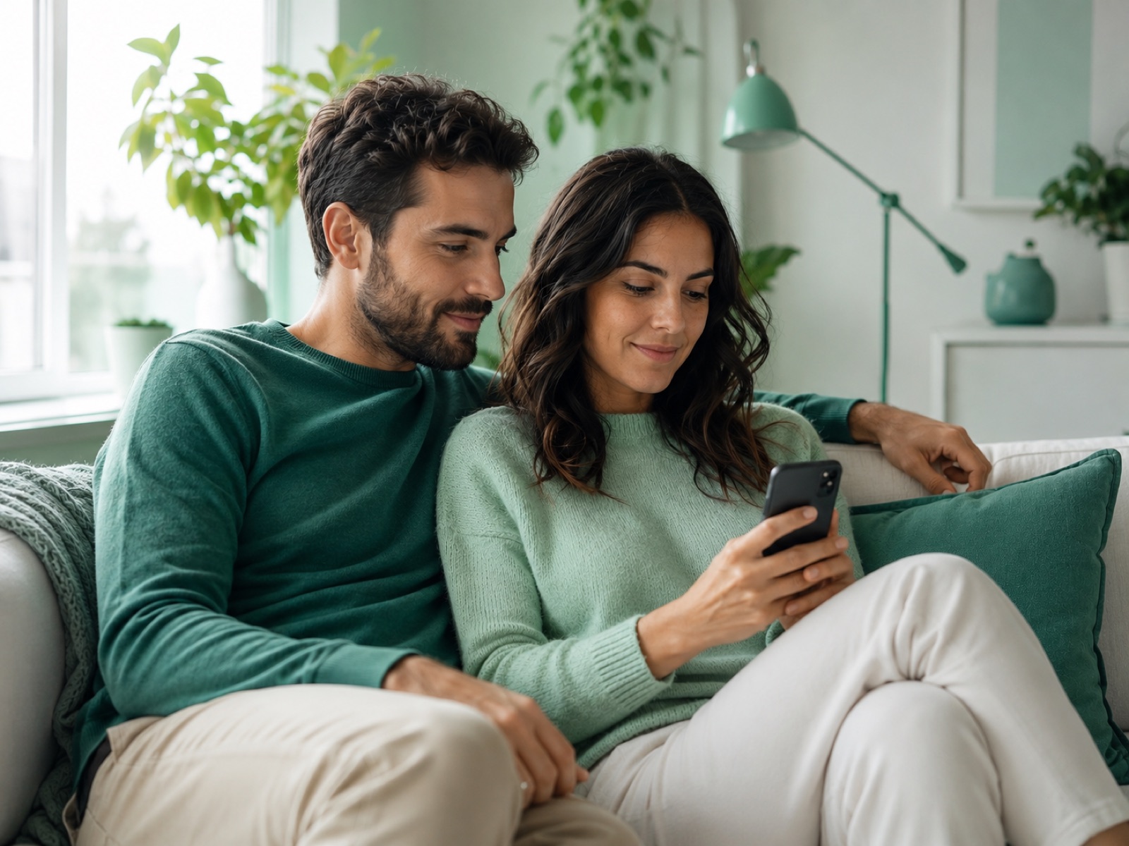 Coppia serena a casa che controlla i propri risparmi sullo smartphone